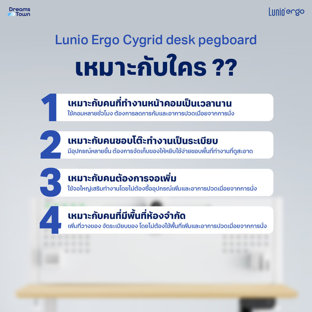 แผงจัดระเบียบตั้งโต๊ะ LUNIO ERGO รุ่น CYGRID DESK PEGBOARD WHITE